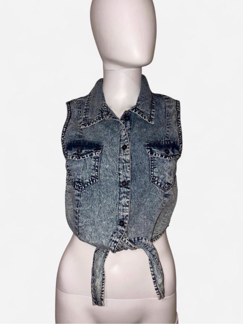 Women’s acid  Wash Tie-Front Denim Button-Down Crop Shirt